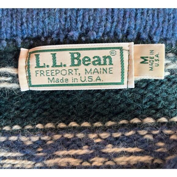 VTG USA Made LL Bean Wool Pullover Sweater Green Intarsia Nordic Design Button M - Picture 8 of 8